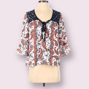 LOVE Fire Womens 3/4 Ruffle Bell Sleeves V-neck Boho Drawstring Blouse Top. Sz S